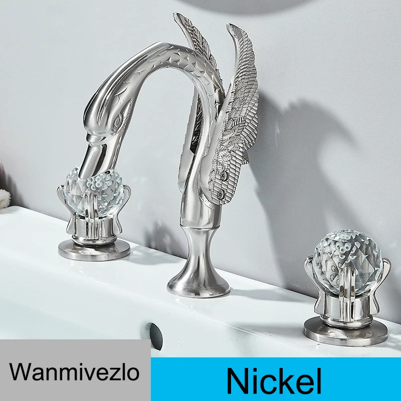 Gold Swan Deck-Mounted Basin Mixer Faucet – Dual Crystal Handle Hot & Cold Tap