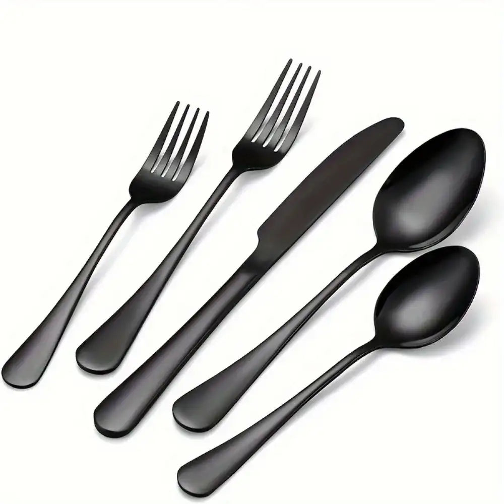 60-Piece Stainless Steel Flatware Set for 12 – Mirror-Polished Cutlery Service Includes Knives, Forks & Spoons (Black Handle Accent)