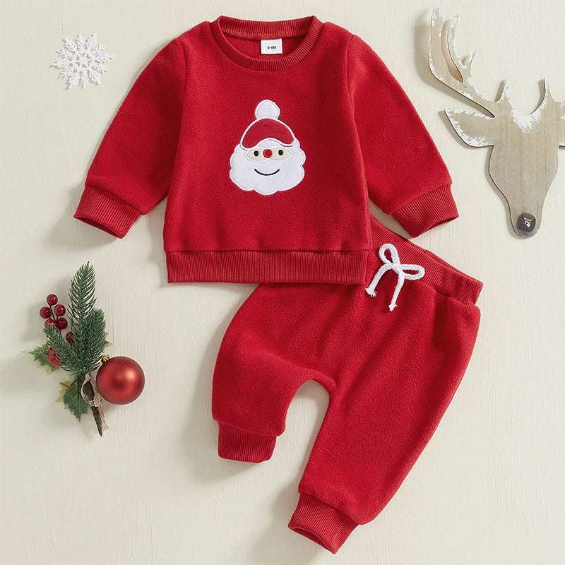 Santa Claus Embroidered Long-Sleeve Sweatshirt & Solid Pants Set for Toddler Boys & Girls