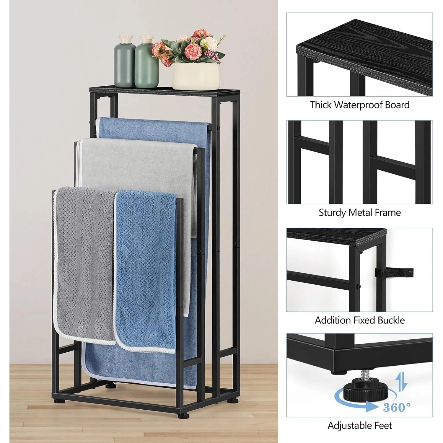 Freestanding Towel Rack 3-Tier Storage Shelf – Slim Space-Saving Black Finish