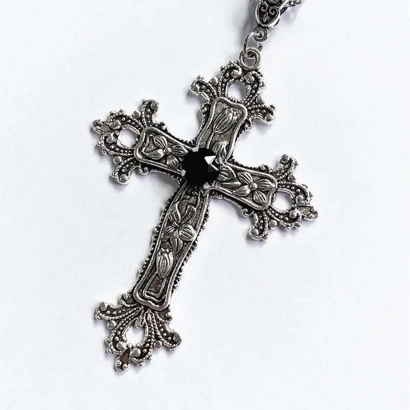 Gothic Zircon Cross Necklace – Unisex Y2K Large Pendant with Irregular Crystal Design for Men & Women