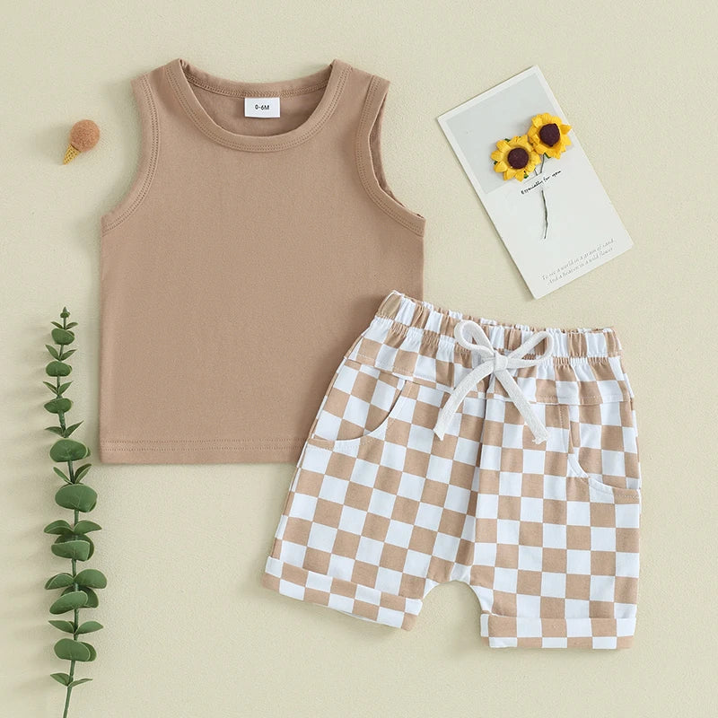 Baby Boy Summer Outfit – 2 Pcs Sleeveless Tank Top & Checkered Shorts Set for Toddler Casual Wear