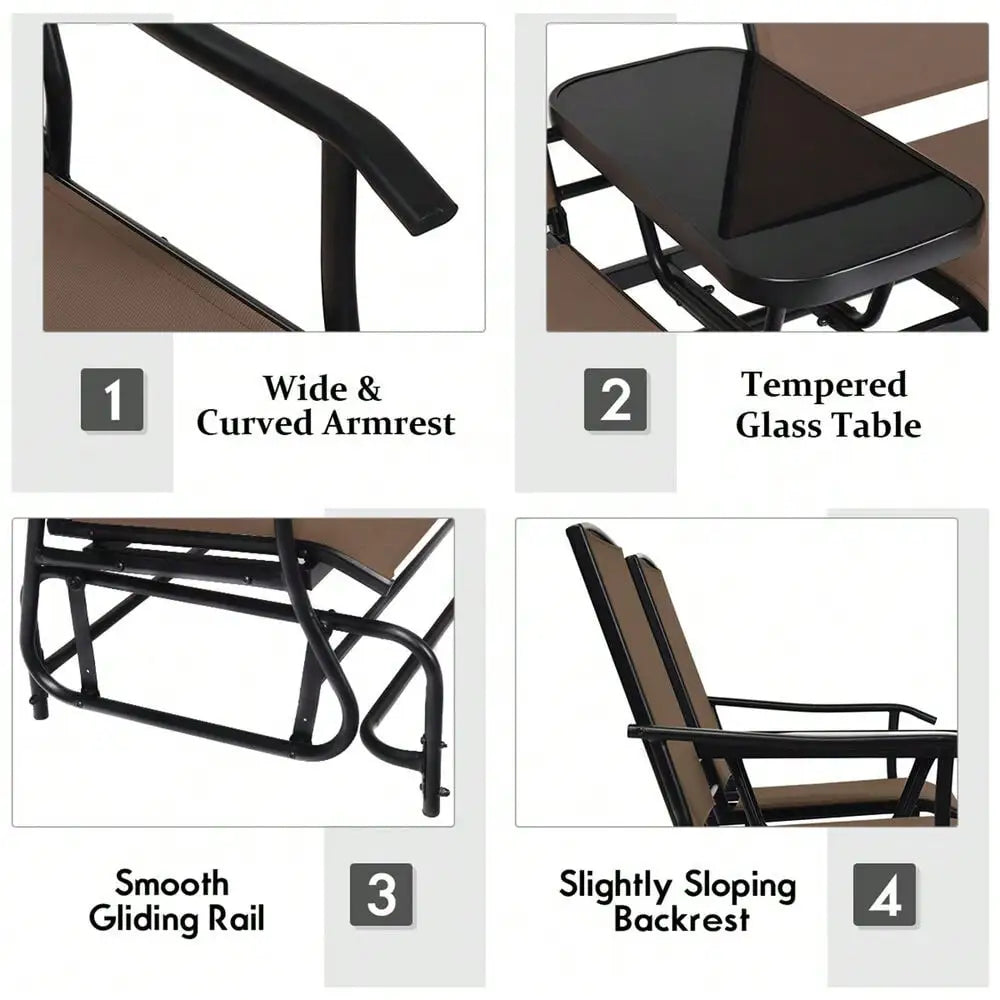 “2-Person Patio Glider Rocking Loveseat with Tempered Glass Table – Brown Outdoor Garden Furniture Set”