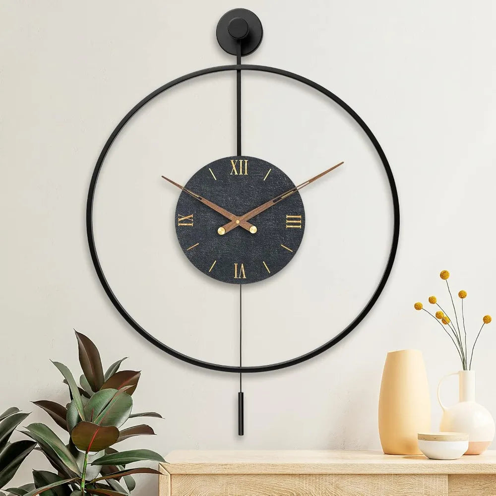 Large Modern Wall Clock – Silent Metal Minimalist Wall Clock with Walnut Dial for Living Room Décor