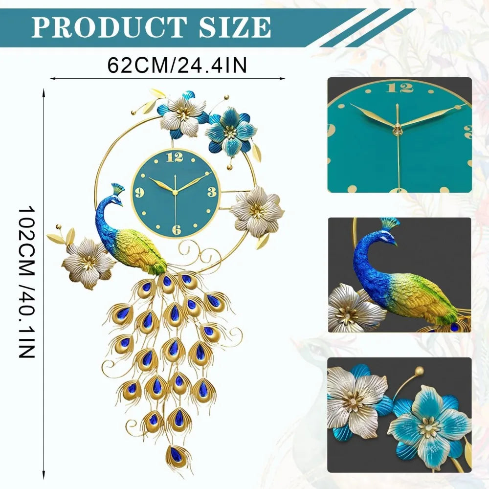 40 Inch Silent 3D Peacock Wall Clock – Luxury Crystal Modern Art Large Non-Ticking Metal Clock