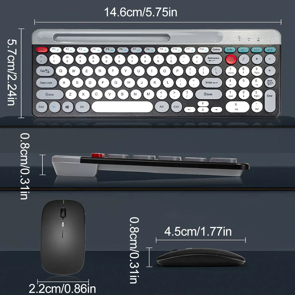 Dual-Mode Wireless Keyboard and Mouse Combo – 2.4GHz + Bluetooth Multi-Device Set with Phone Holder for iOS, Android & Windows