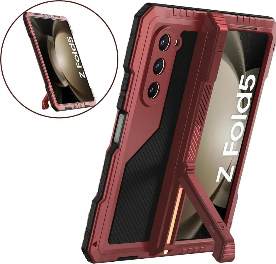3-Layer Heavy Duty Metal Case for Samsung Galaxy Z Fold 3/4/5/6 – Aluminum & Silicone Shockproof Cover with Stand