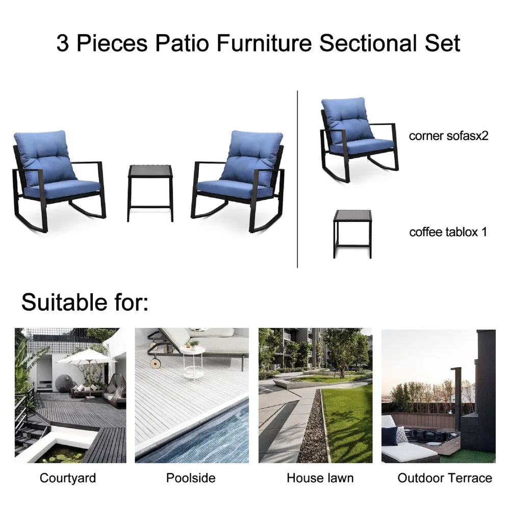 “3-Piece Patio Bistro Set – Outdoor Rocking Chairs with Blue Cushions & Glass-Top Table for Garden, Yard & Poolside”