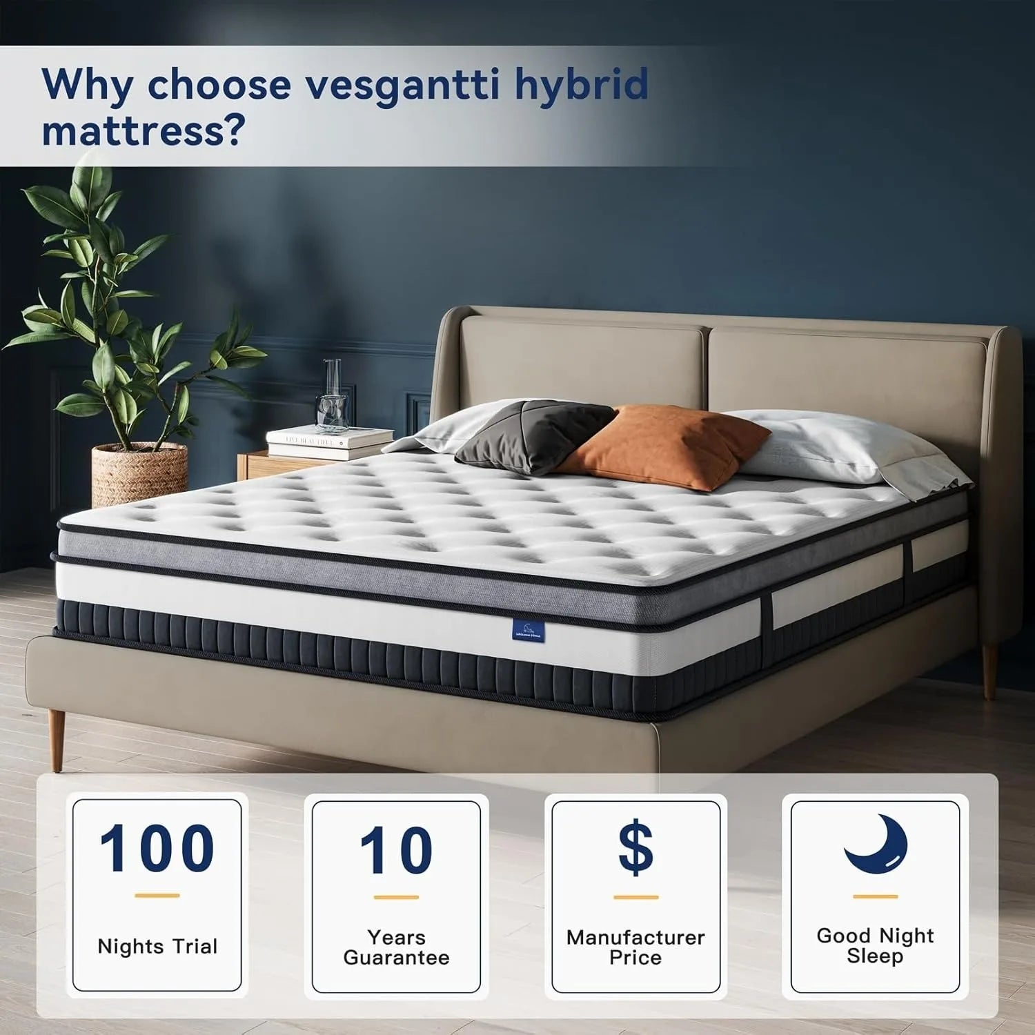 Vesgantti 12-Inch Hybrid Mattress – Memory Foam & Pocket Spring Bed | Medium Firm Innerspring Mattress for Pressure Relief & Comfort