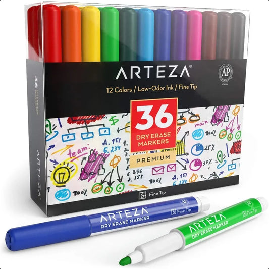 Bulk Set of 36 Fine-Tip Dry-Erase Markers – Low-Odor, 12 Bright Assorted Colors for Whiteboards
