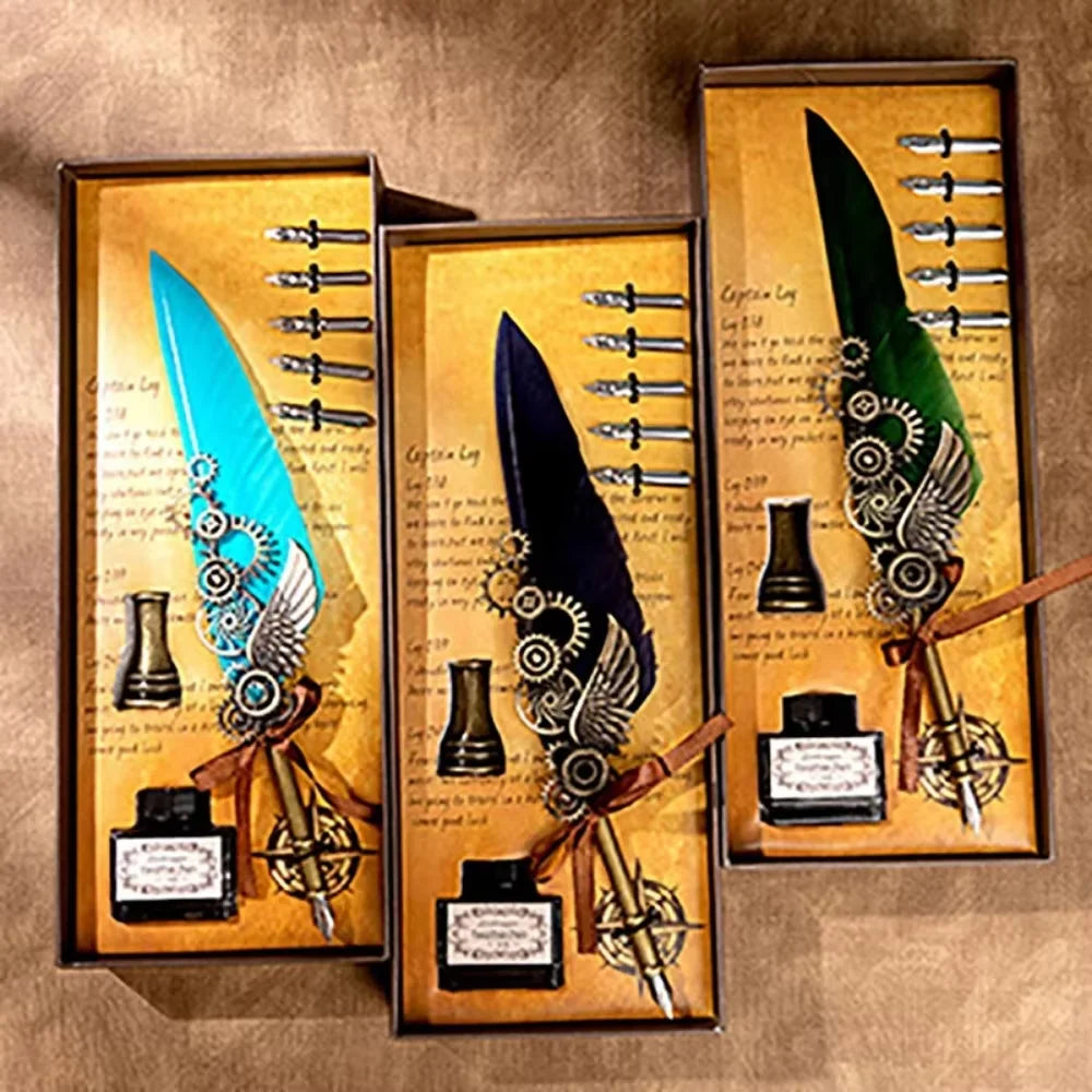 ✒️ Retro Vintage Calligraphy Feather Dip Pen Set – Quill Fountain Pen with Ink for Writing, Crafts & Gifts