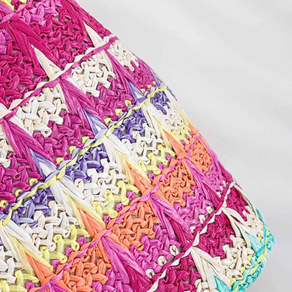 Women’s Colorful Straw Crossbody Satchel — Summer Woven Bucket Messenger Bag & Phone Clutch
