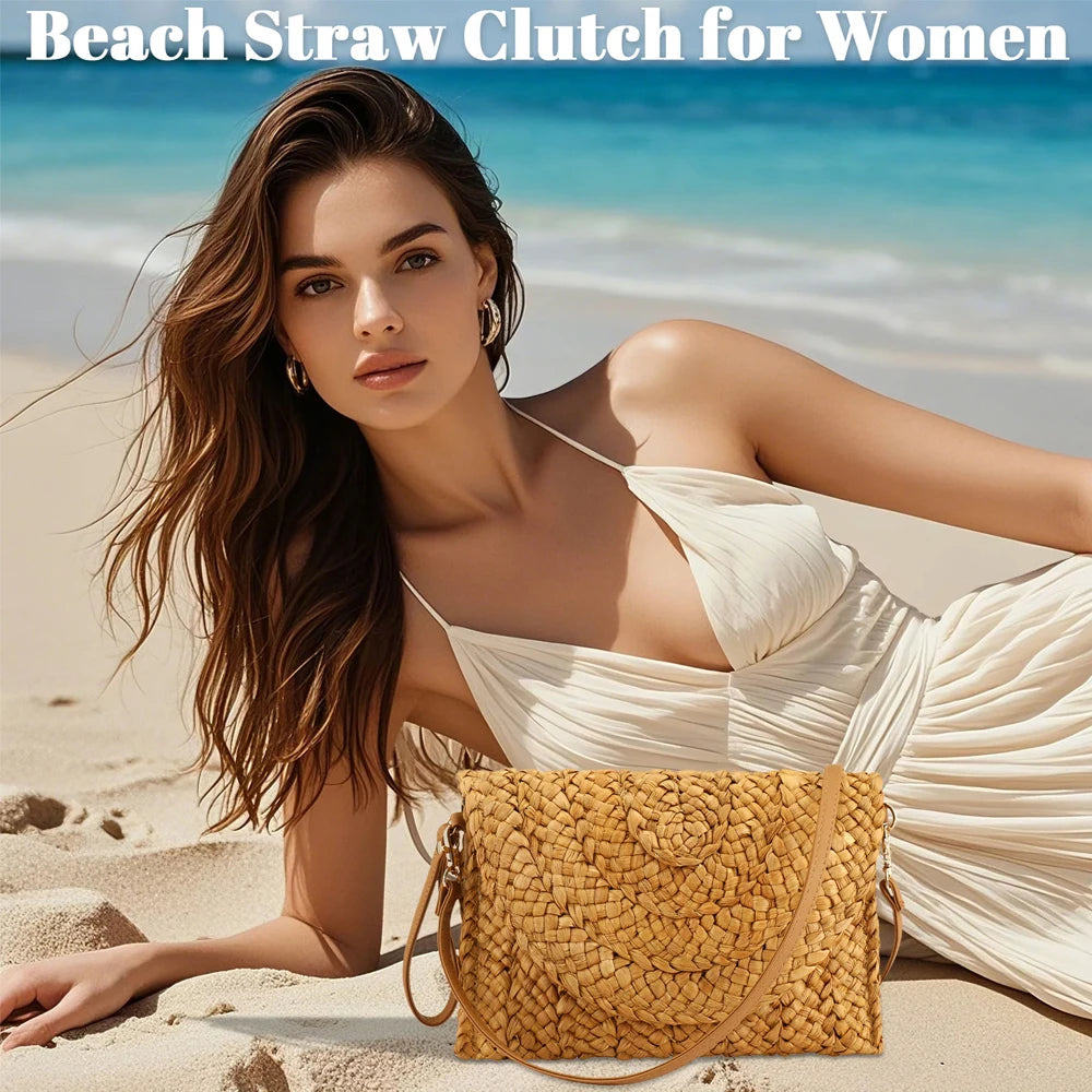 Straw Woven Shoulder Bag for Women – Large Capacity Raffia Tote with Flap Envelope Style for Summer & Beach