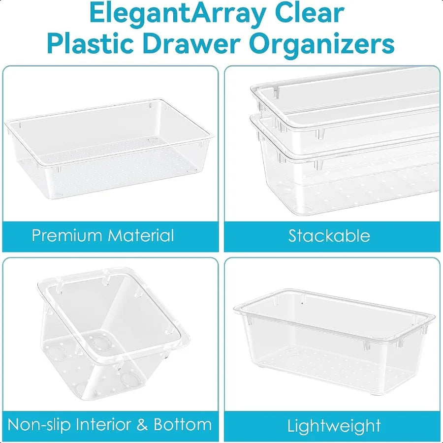 12-Piece Crystal Clear Drawer Organizer Set – Multi-Size Storage Trays for Vanity, Kitchen & Office