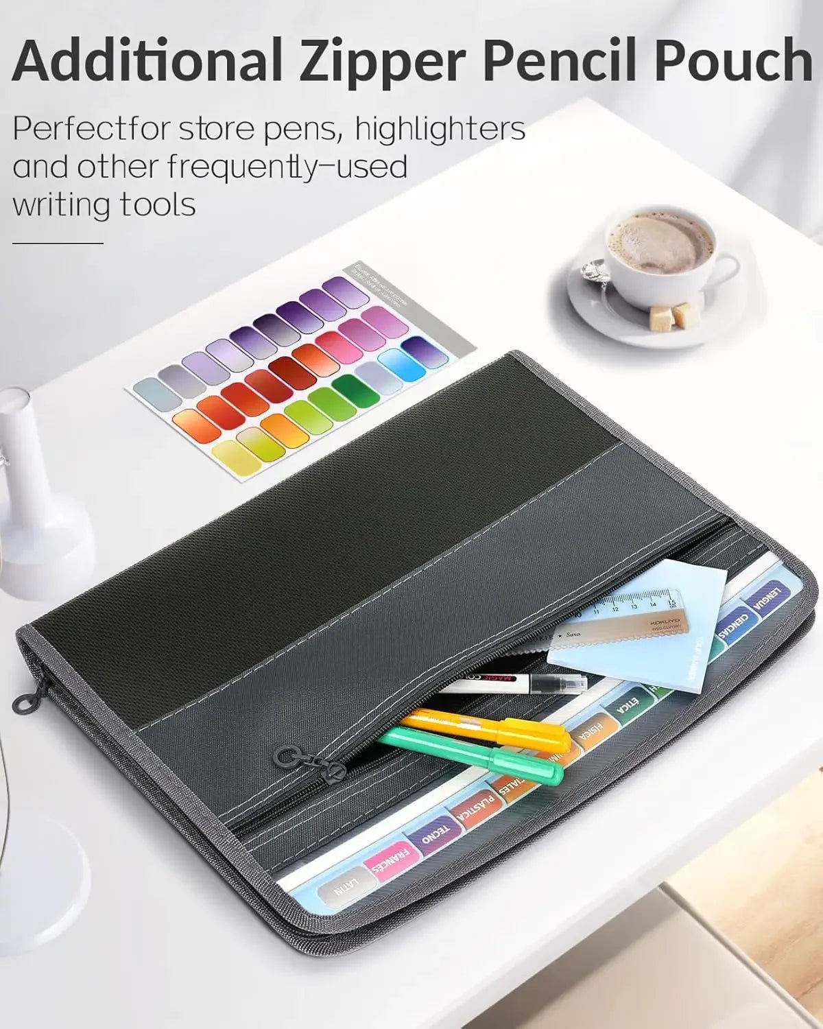 Expandable File Organizer with Security Zipper – 12-Pocket Document Folder with Front Pen Holder for Office & School
