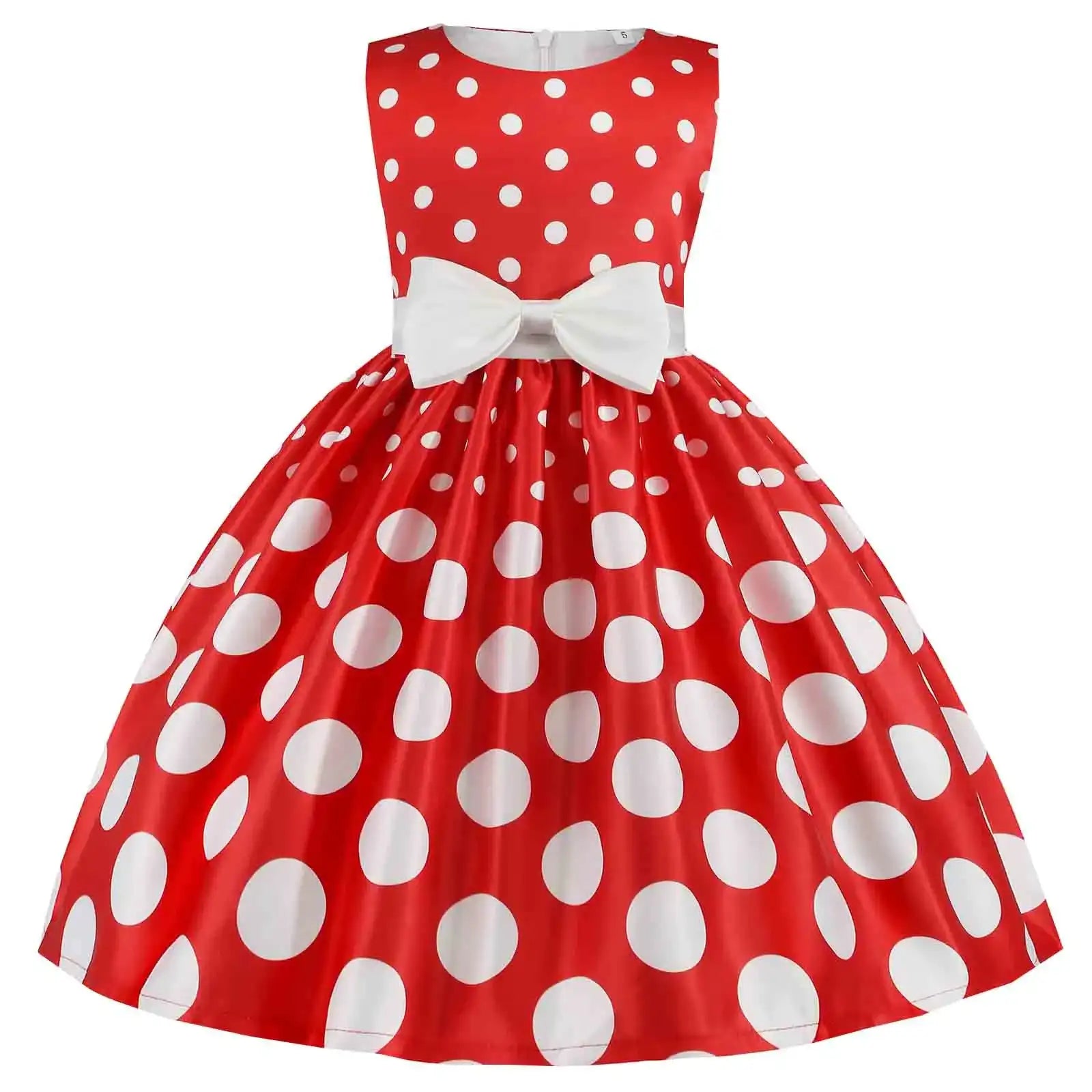 Girls Sleeveless Dot Party Dress – Bowknot Birthday & Wedding Gown (Kids)