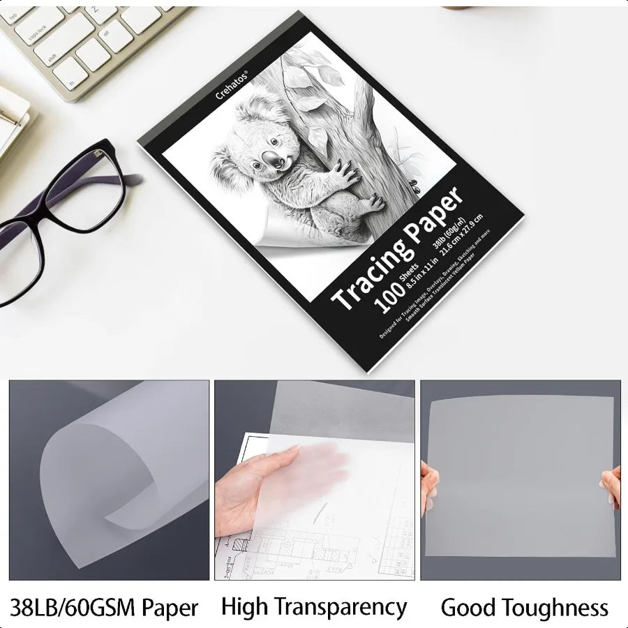Crehatos 8.5×11″ Translucent Tracing Paper Pad – 100 Sheets 60 gsm Vellum Art Paper