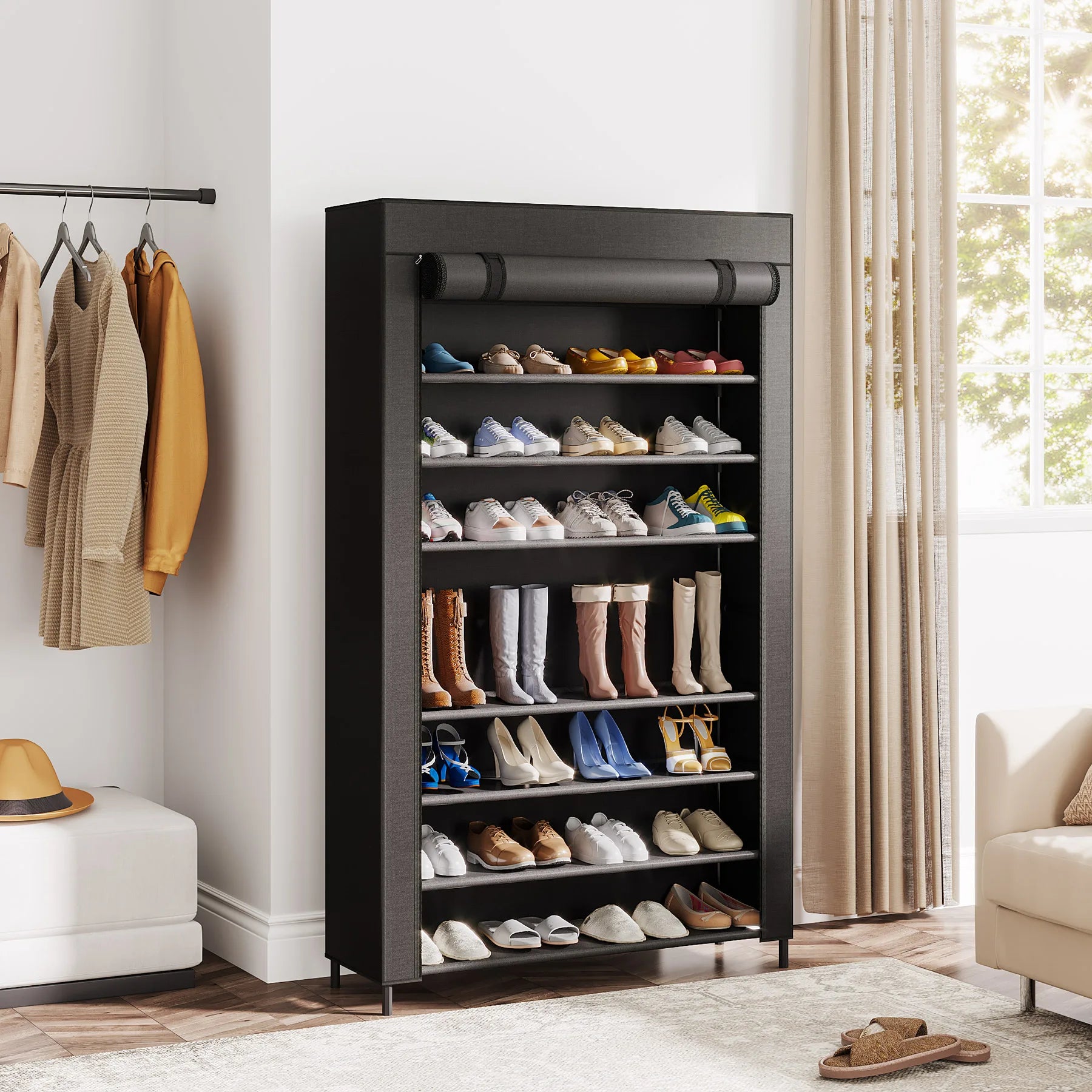 10-Tier Shoes Rack with Cover – Large Capacity Black Shoe Storage Organizer for Entryway & Closet (Up to 50 Pairs)