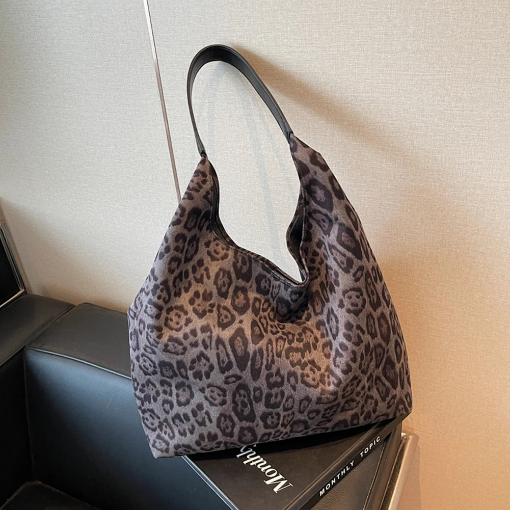 Women’s Suede Shoulder Bag with Magnetic Closure – Leopard Print Hobo Satchel