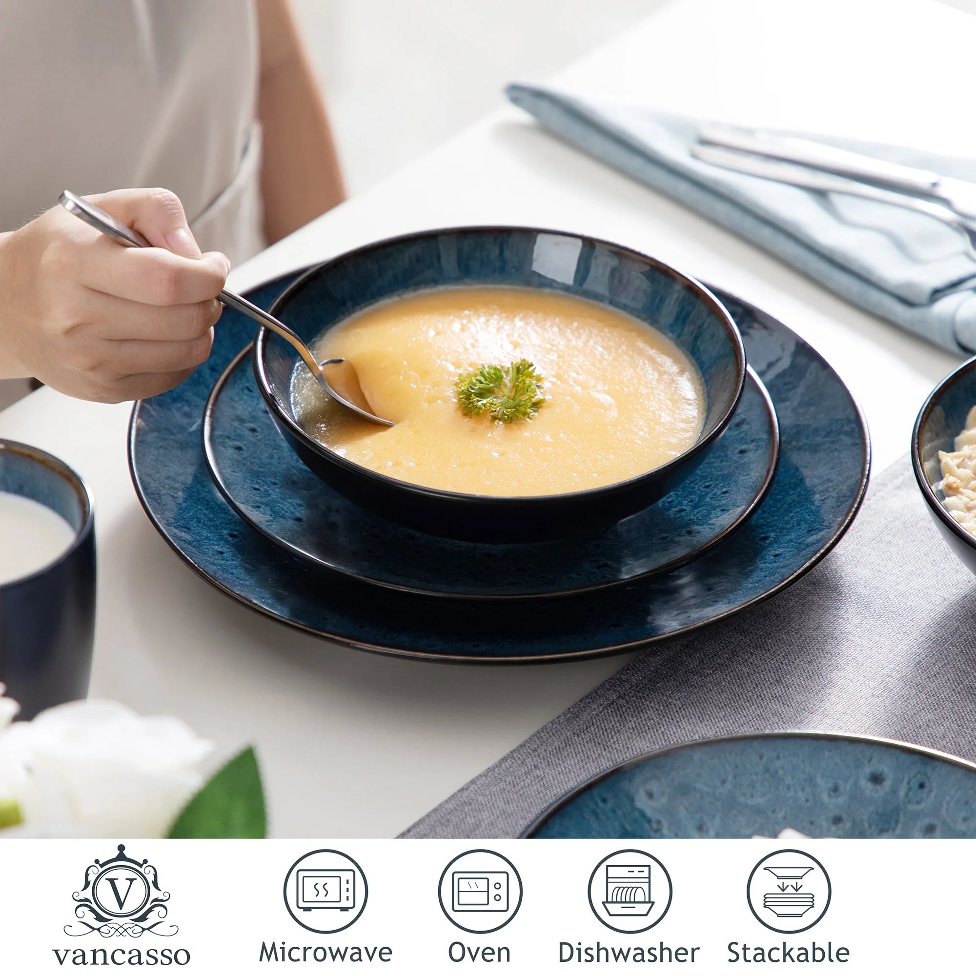 Vancasso Bubble 16/32/48-Piece Stoneware Tableware Set – Vintage Blue/Brown with Dinner Plates, Bowls & Coffee Cups