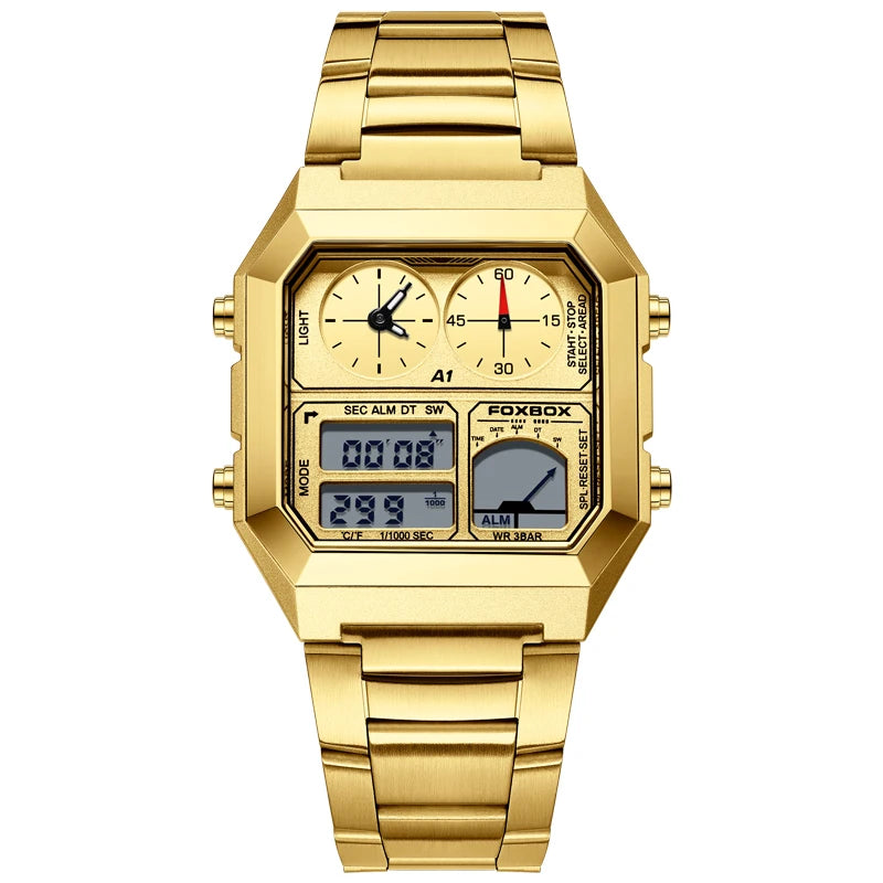FOXBOX Men’s Electronic Sports Watch – Waterproof, Luminous Dial, Stainless Steel Strap & Alarm ⌚✨