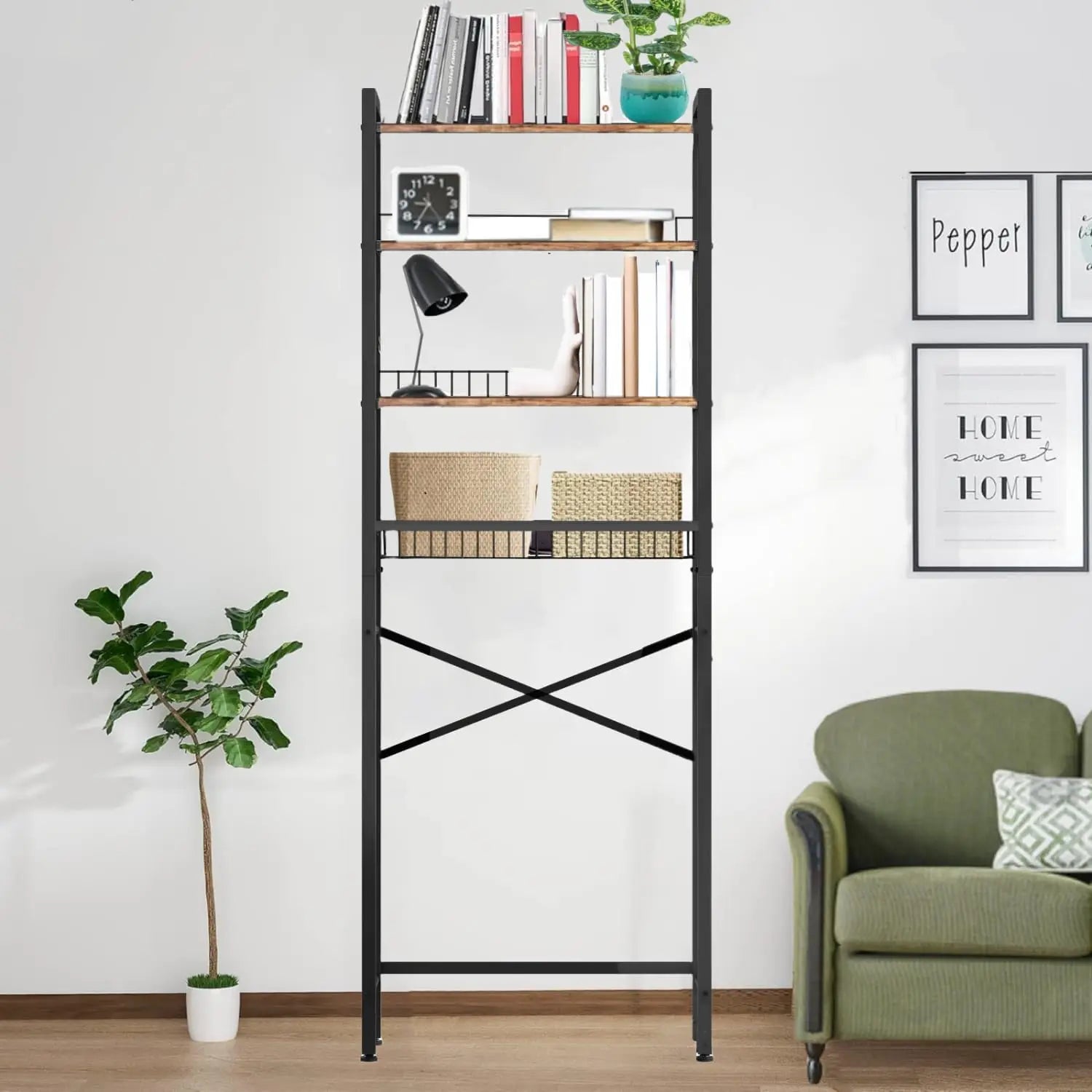 4-Tier Over-Toilet Bathroom Organizer Shelf – Adjustable Shelf with Paper-Holder & 4 Hooks, Rustic Brown
