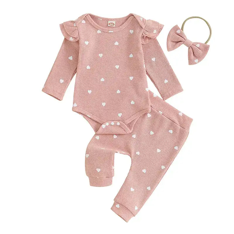 Infant Baby Girl Waffle-Knit Heart Romper, Pants & Headband 3-Piece Fall Outfit Set
