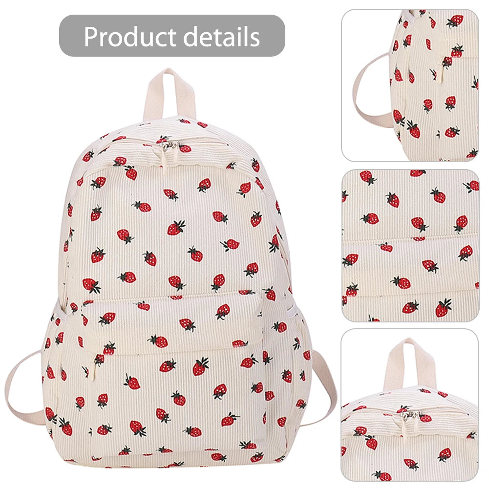 Corduroy Strawberry Backpack – Large-Capacity Student School Bag | Cute Teen Girls Daypack with Adjustable Straps