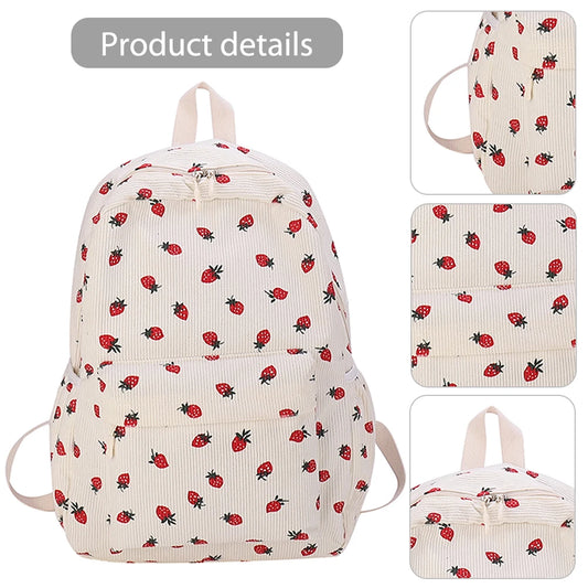 Corduroy Strawberry Backpack – Large-Capacity Student School Bag | Cute Teen Girls Daypack with Adjustable Straps