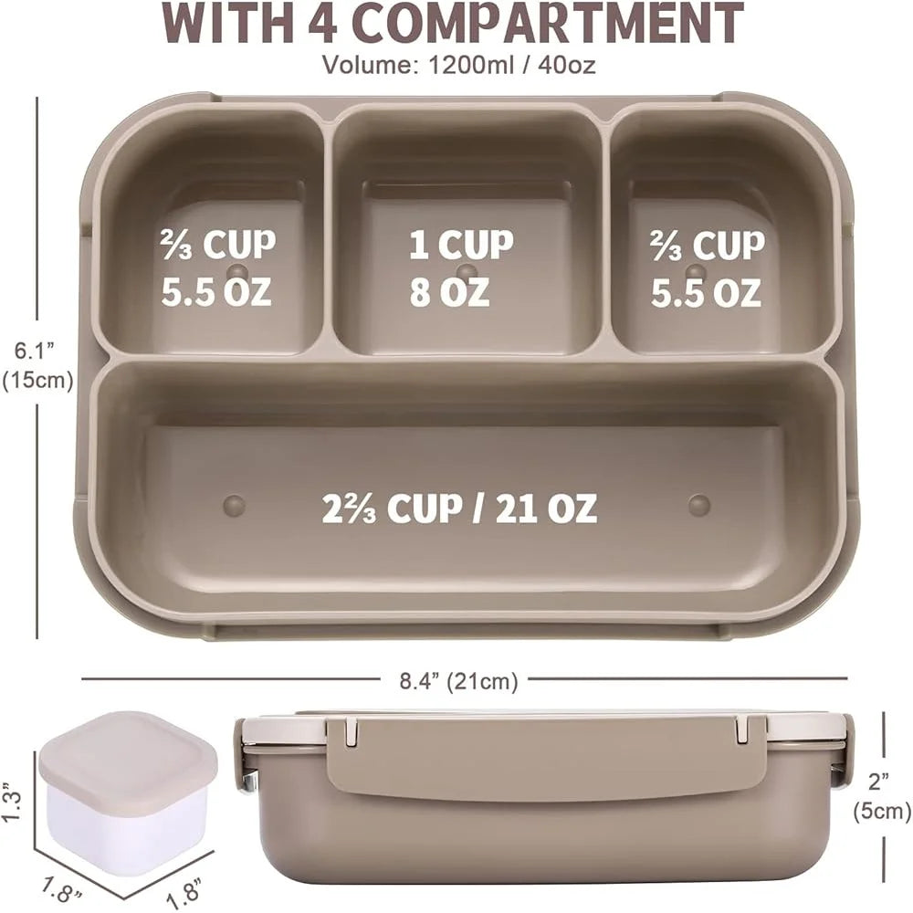 4-Compartment Adult Bento Lunch Box – Silicone & Leak-Proof with Utensils & Mug Cups, Microwave-Safe Lunch Container