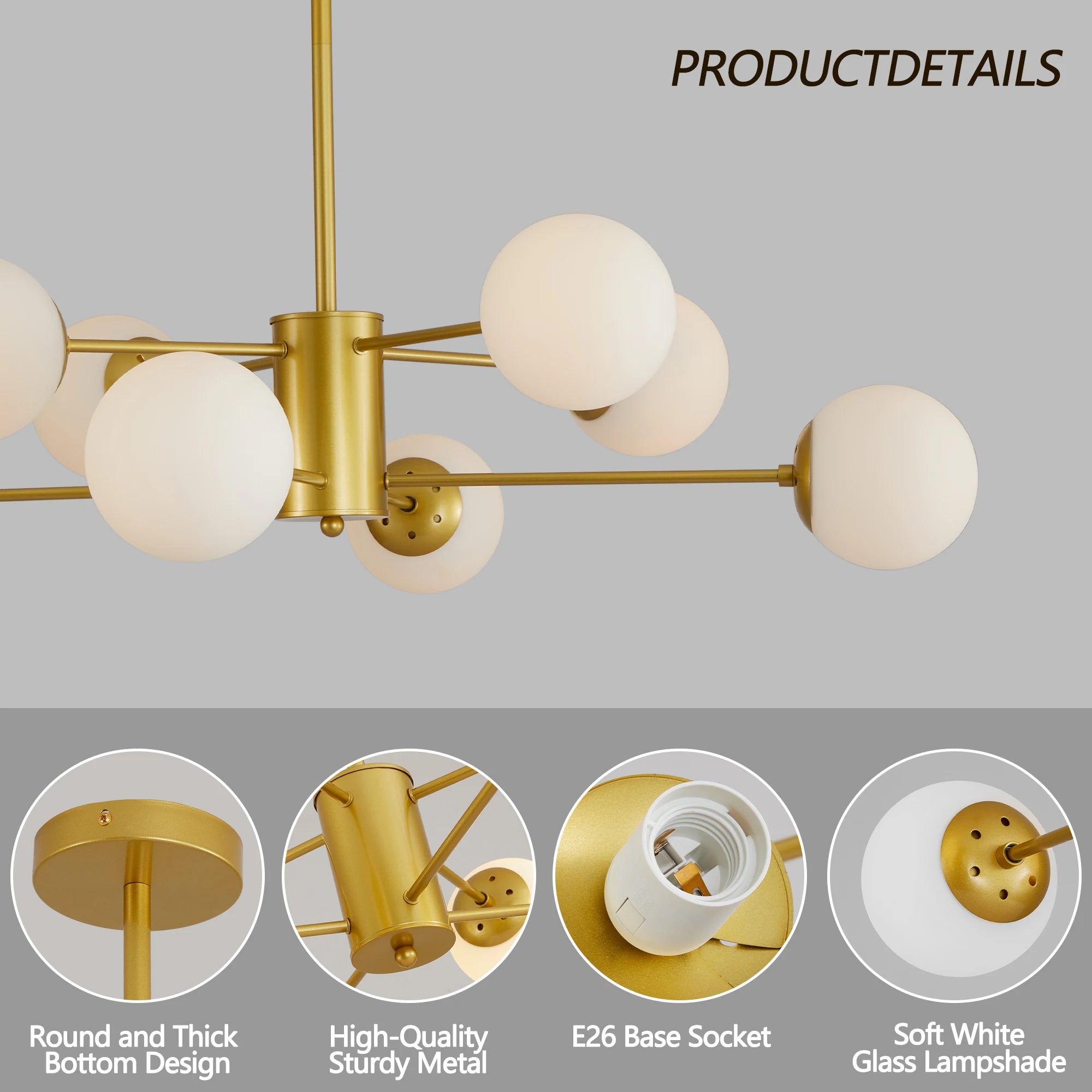 Modern 8-Light Gold Chandelier – Elegant Ceiling Light with White Glass Globe Shades (No Bulbs Included)