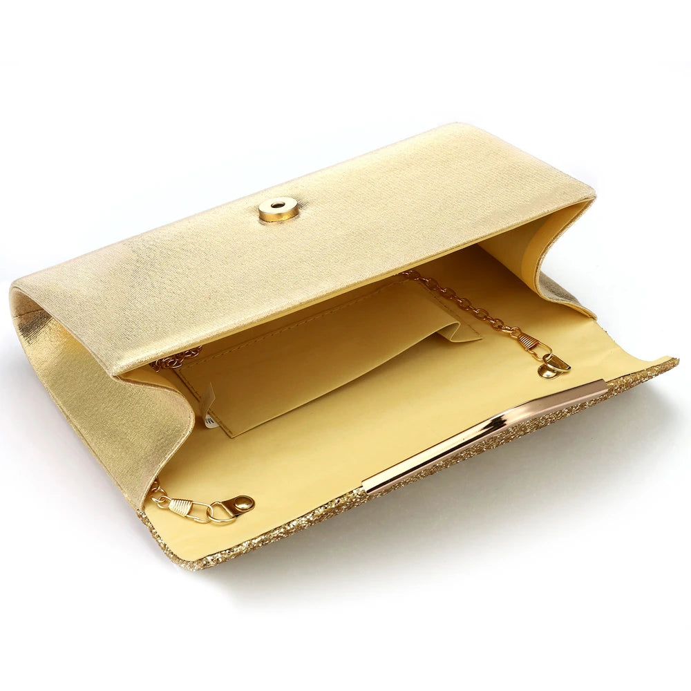 Gold V‑Design Metal‑Chain Glitter Sequined Evening Clutch Bag