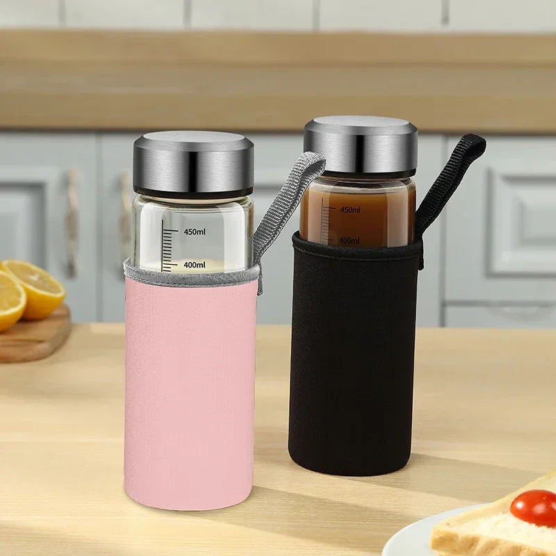 Portable Graduated Glass Water Bottle with Lid – Durable Transparent Travel Cup for Milk, Tea & Outdoor Sport