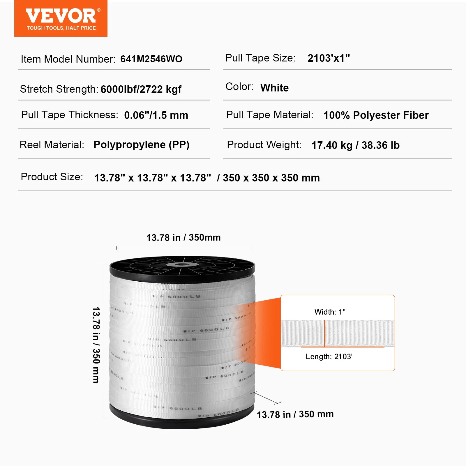 Vevor Polyester Mule Tape – Flat Pulling Webbing, 6000 lbf, 528 ft for Conduit, Packaging & Gardening