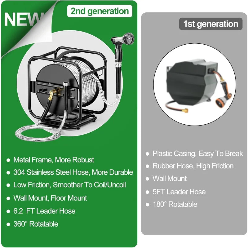 Heavy-Duty Metal Garden Hose Reel with 100FT 304 Stainless Steel Hose – Wall Mount & Floor Hose Spool with Aluminum Nozzle