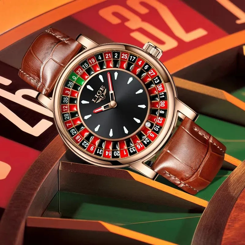 LIGE Russian Roulette Dial Men’s Watch – Creative Rotating Wheel, Luminous Hands, Leather Strap, Business Wristwatch