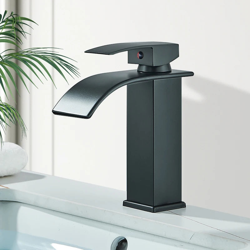 Matte Black Waterfall Basin Faucet – Deck‐Mounted Single Lever Brass Mixer Tap