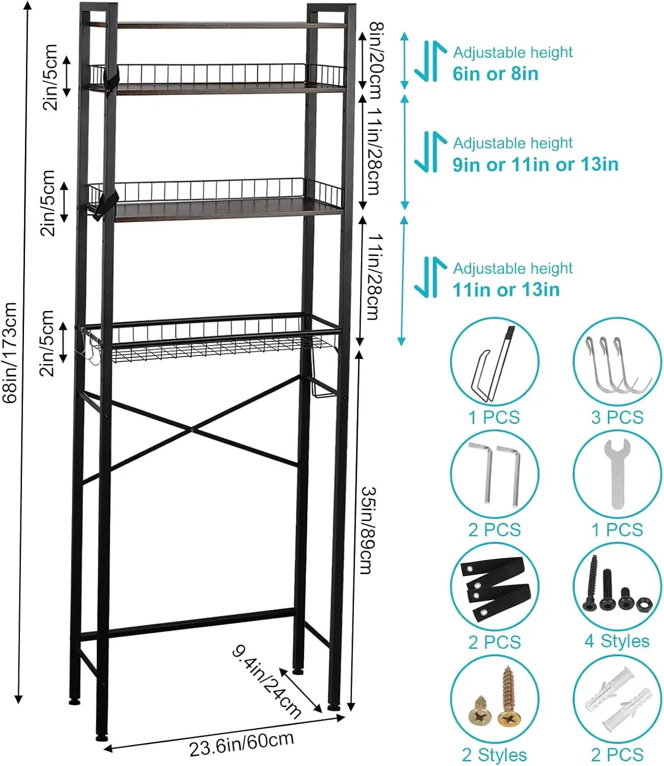 4-Tier Over-Toilet Bathroom Organizer Shelf – Adjustable Shelf with Paper-Holder & 4 Hooks, Rustic Brown