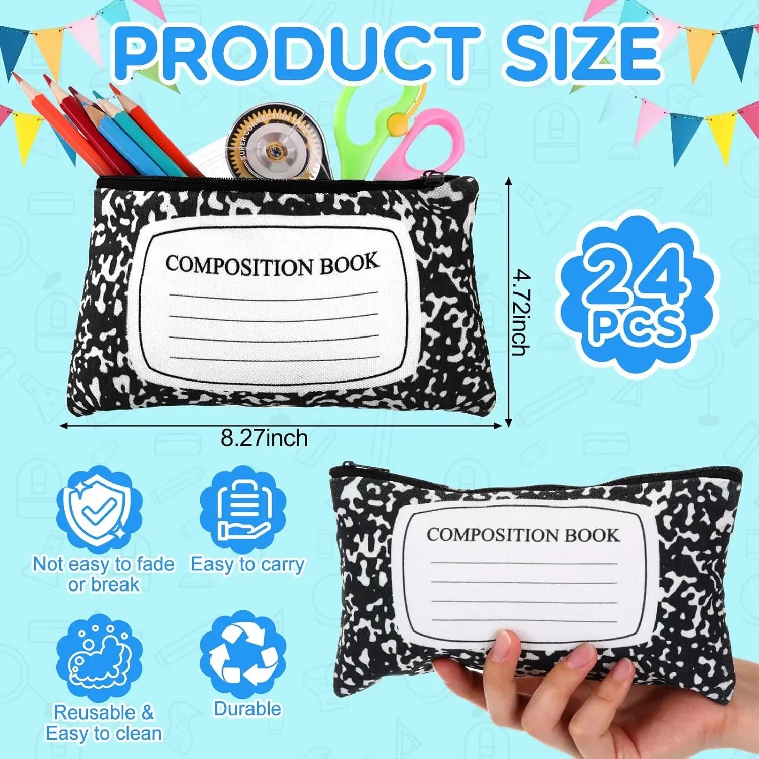24-Piece Composition Canvas Pencil Pouches – Zippered Pen & Pencil Case Bulk Set