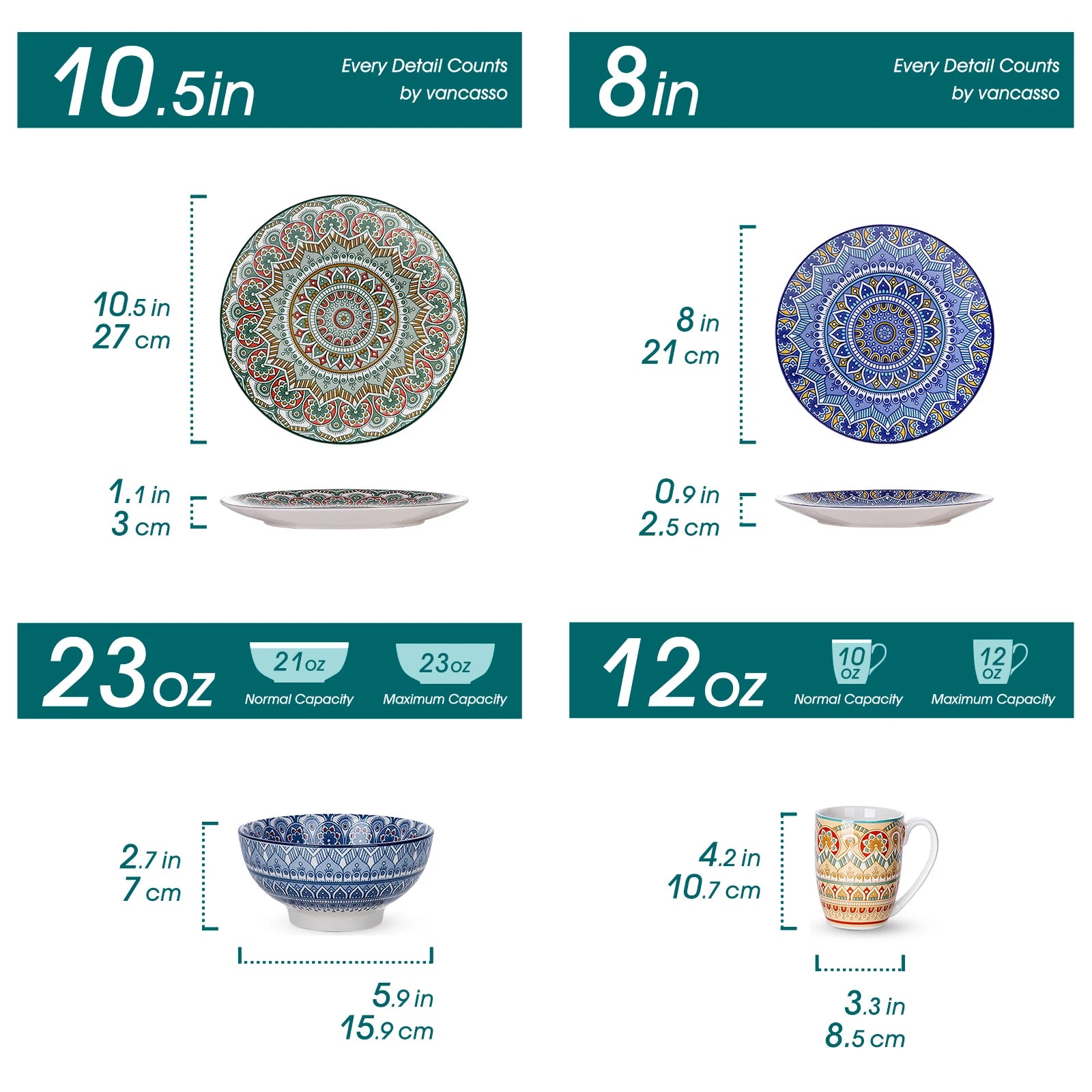 Vancasso Mandala 16/32/48-Piece Porcelain Dinnerware Set – Bohemian Mandala Pattern with Plates, Bowls & Mugs