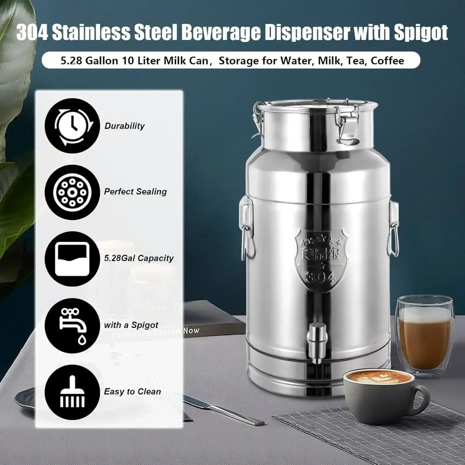Bymaocar 5-Gallon Stainless Steel Beverage Dispenser Milk Can – Leak-Proof Lid, Heavy-Duty Design
