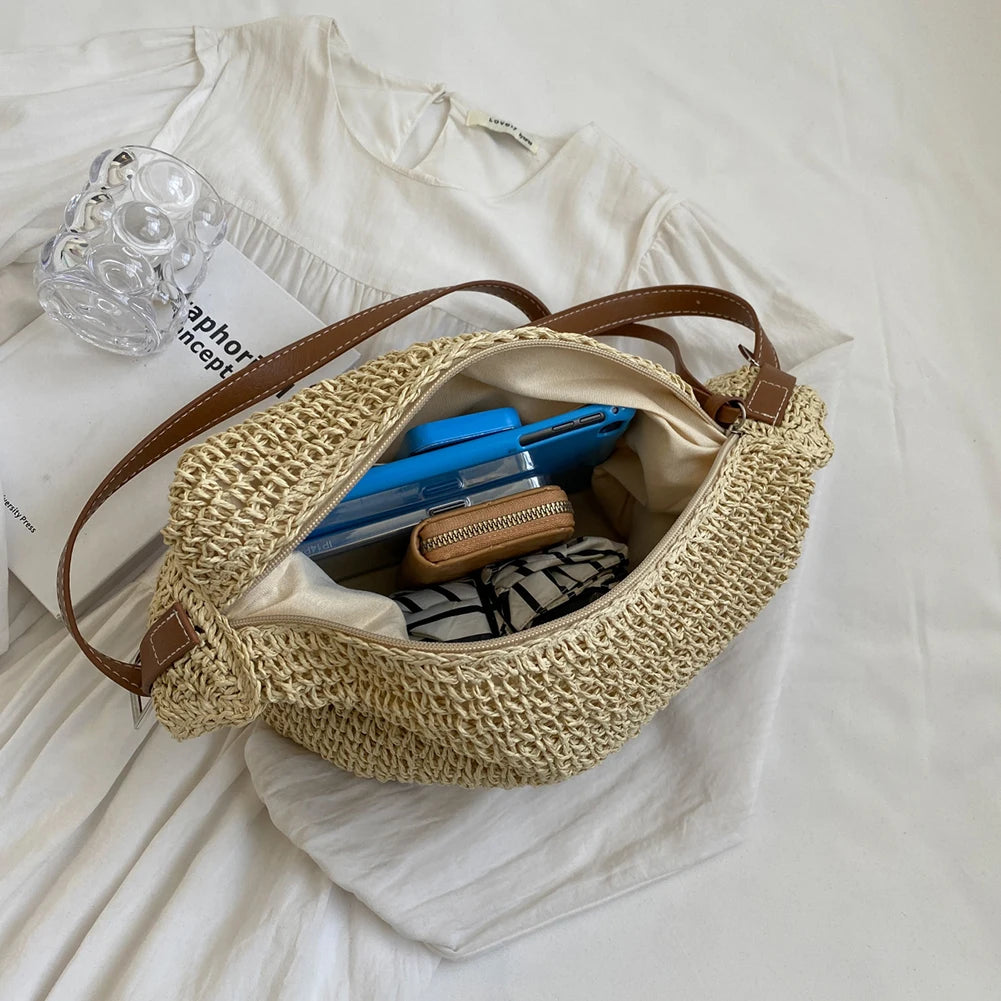 Elegant Woven Crossbody Bag 🏖️ – Handmade Straw Messenger Bag with Adjustable Strap for Summer & Beach Style 🌞✨