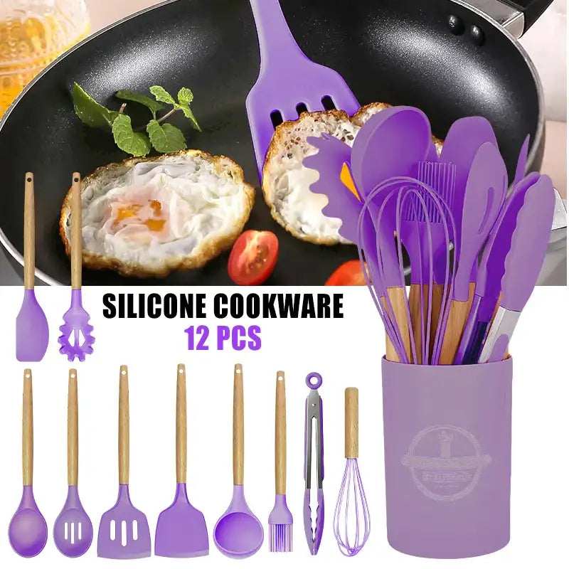12-Pc Silicone Kitchenware Cooking Utensils Set – Non-Stick Spatulas, Egg Beaters & Storage Bucket