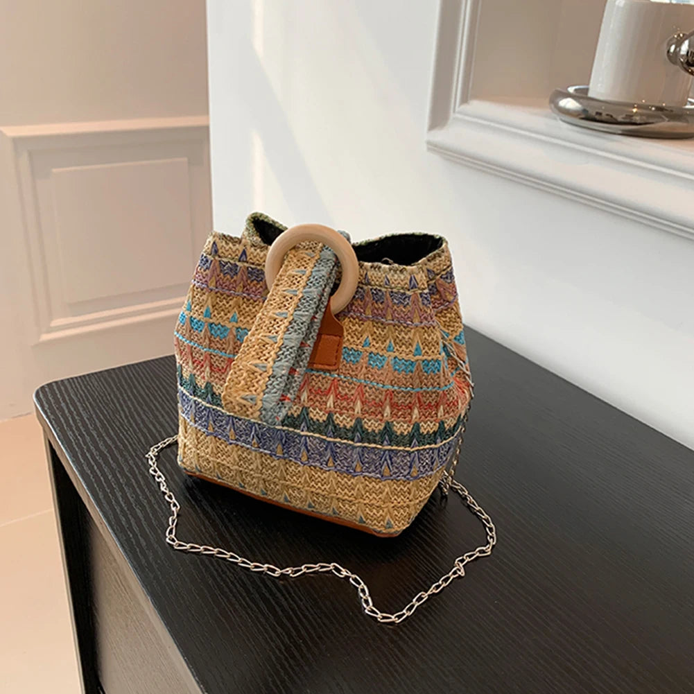Women’s Colorful Straw Bucket Bag – Casual Woven Clutch & Phone Pouch, Fashion Satchel Crossbody Messenger Handbag