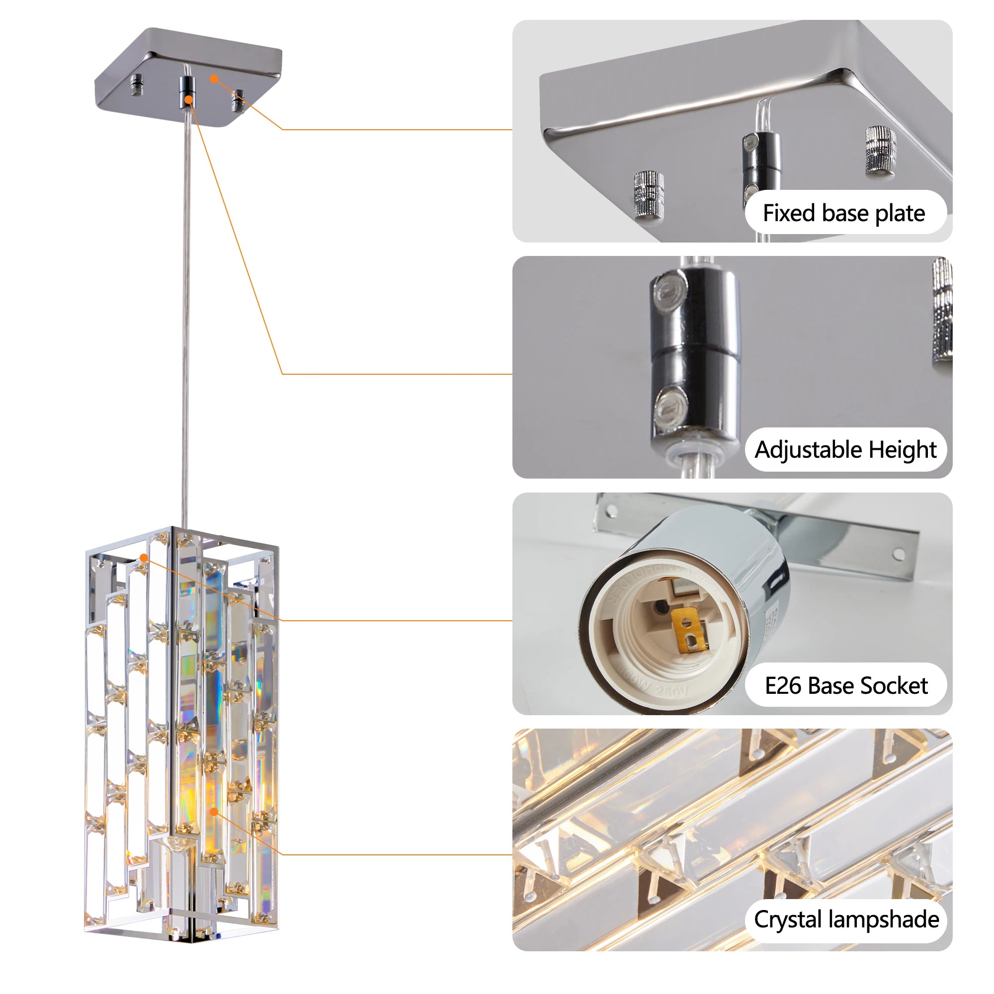 Modern Crystal Pendant Light – 3 Pack Adjustable Hanging Ceiling Lamps with Crystal Prism Design & Chrome Finish
