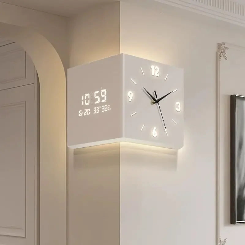 Luxury LED Corner Wall Clock with Light – Double-Sided Luminous Sensor Clock with Numeral Scale & Gold Modern Design