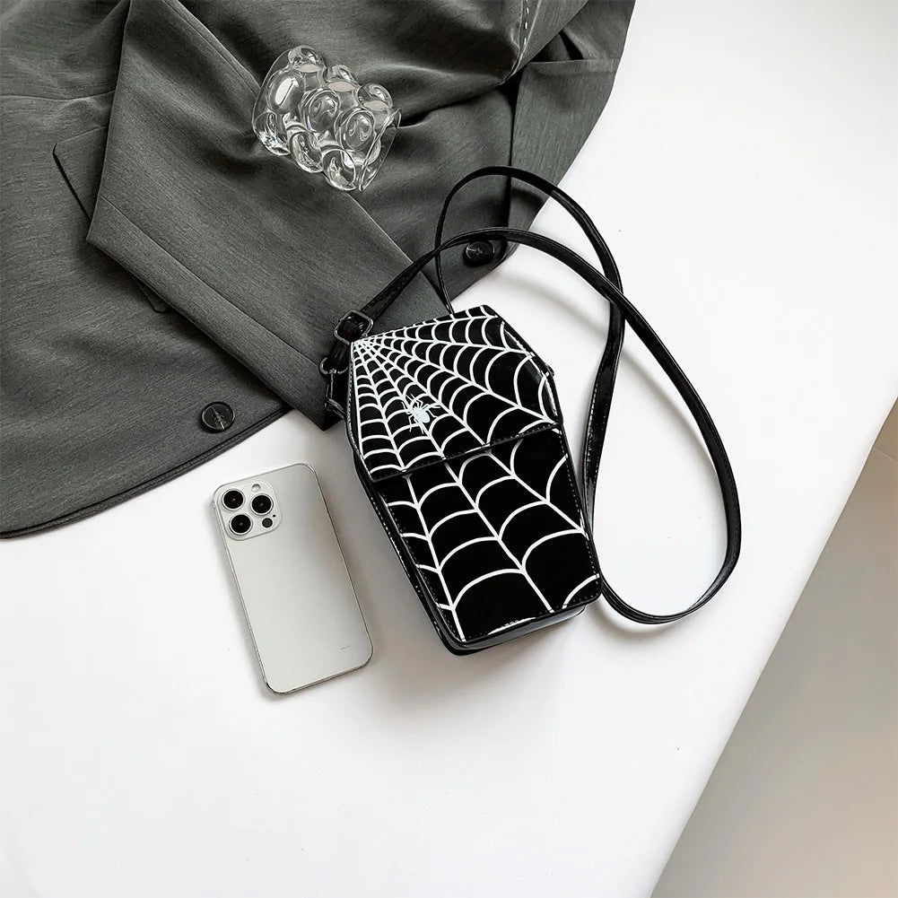 Women’s Gothic Coffin Shoulder Bag – Spider Web PU Leather Crossbody with Adjustable Strap for Halloween & Cosplay