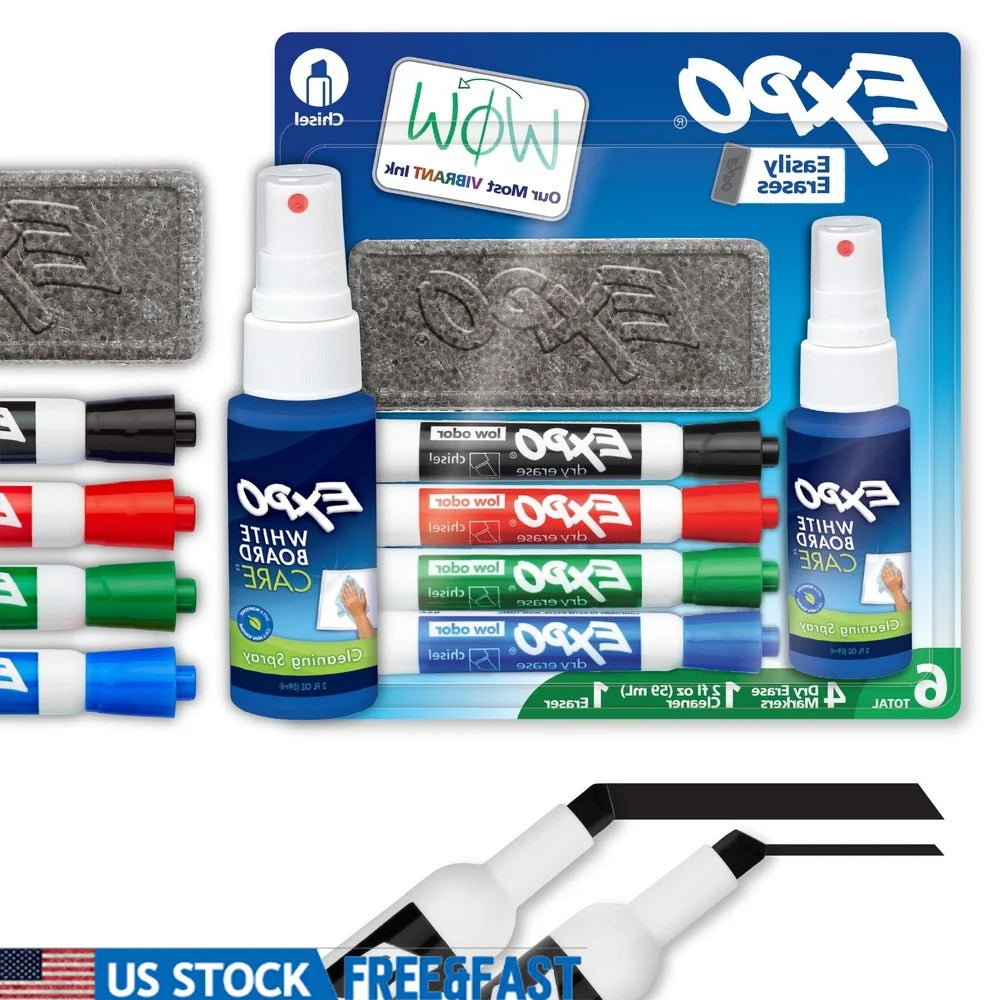 Dry Erase Markers Set with Eraser & Cleaner Spray – 6 Low-Odor Chisel Tip Markers for Whiteboard, Glass & Acrylic