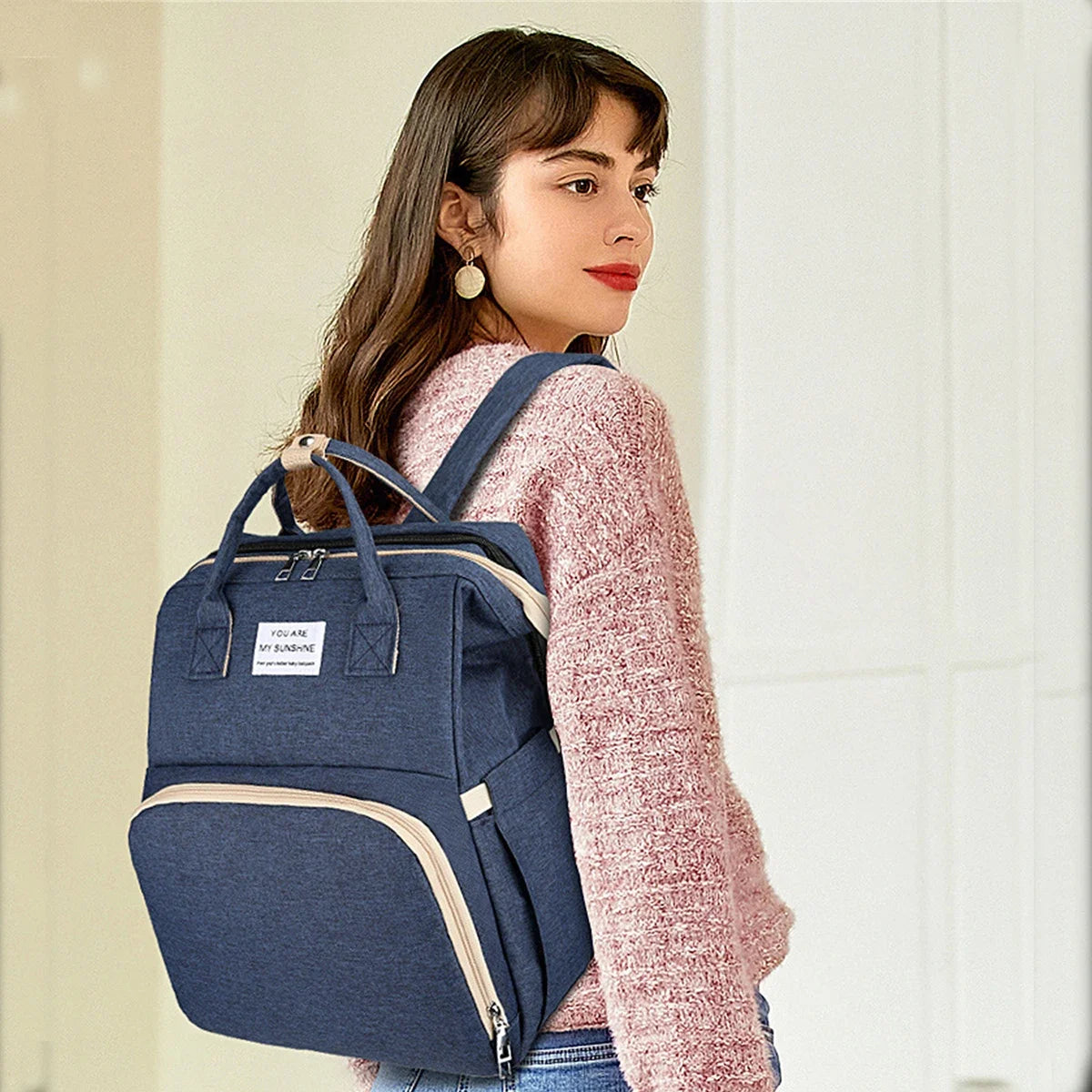 Foldable Bed Diaper Bag with Changing Station, Insulated Pocket & Large-Capacity Double-Shoulder Mommy Bag
