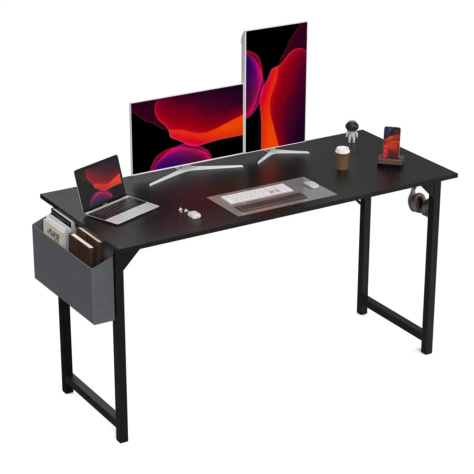 1- Product Title: Sleek Compact Computer Desk with Side Storage Bag & Headphone Hook